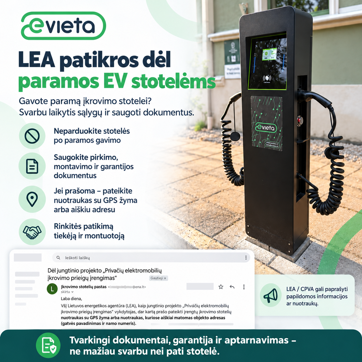 LEA patikros ir elektromobilių įkrovimo stotelių paramos įsipareigojimai – Evieta